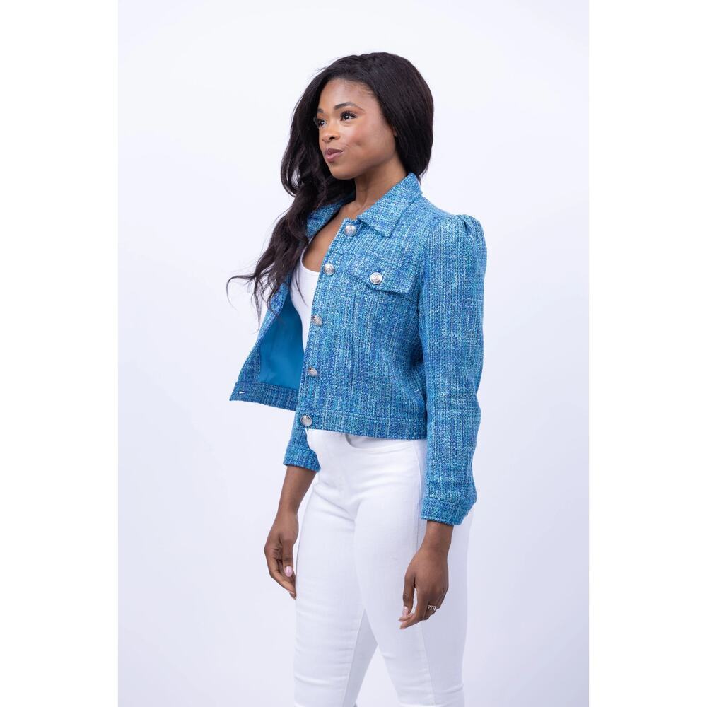 L'AGENCE Kasey Bracelet Sleeve Jacket in Caribbean Blue Multi Tweed XS
